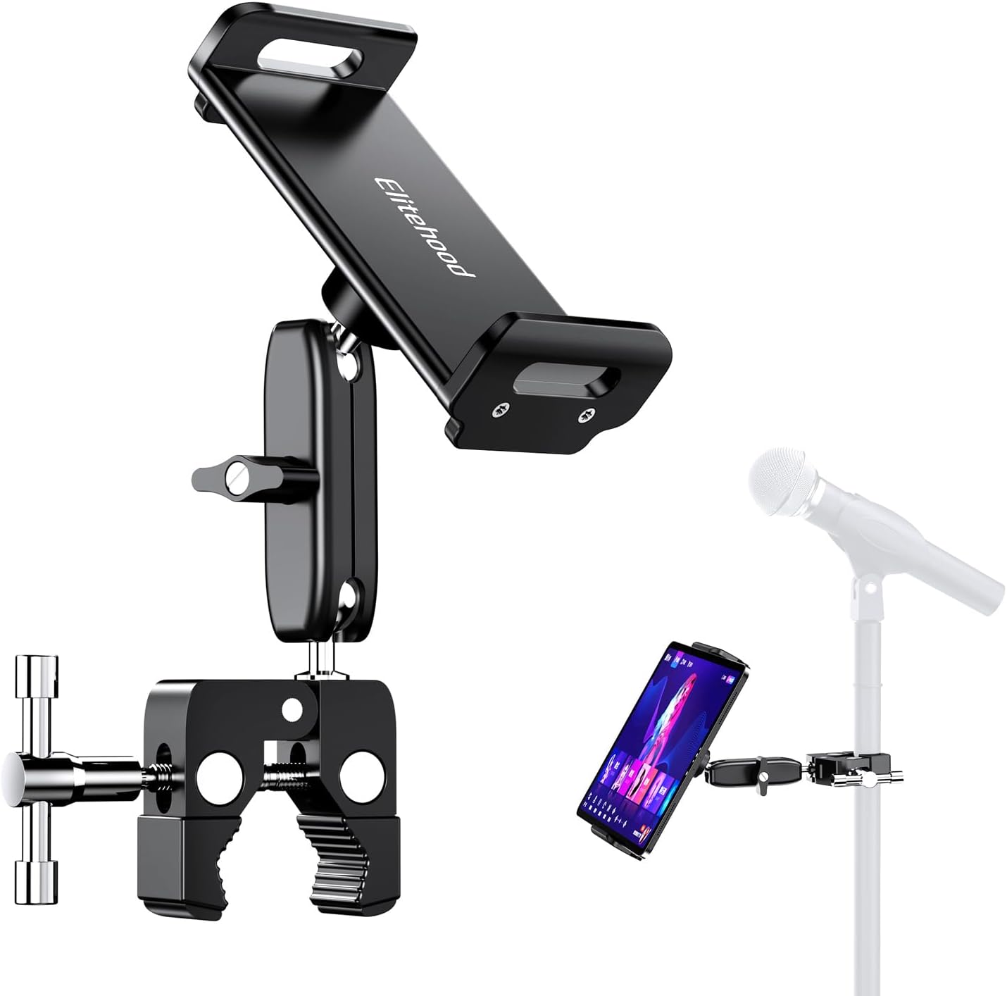 elitehood Aluminum Dual Ball Head Mic Stand Tablet Holder, Adjustable iPad Holder for Mic Stand Mount, Side Mount Microphone Music Stand Phone Holder Mount for iPad, iPhone,4.7-12.9in Tablets