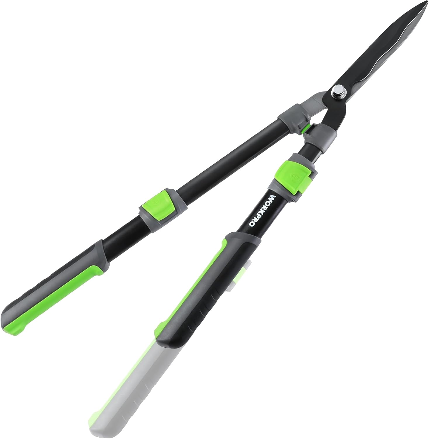 WORKPRO 25"-33" Hedge Shears, Manual Hedge Trimmers with Steel Wavy Blade, Telescopic Hedge Clippers with Extendable Handle, Home Garden Pruner