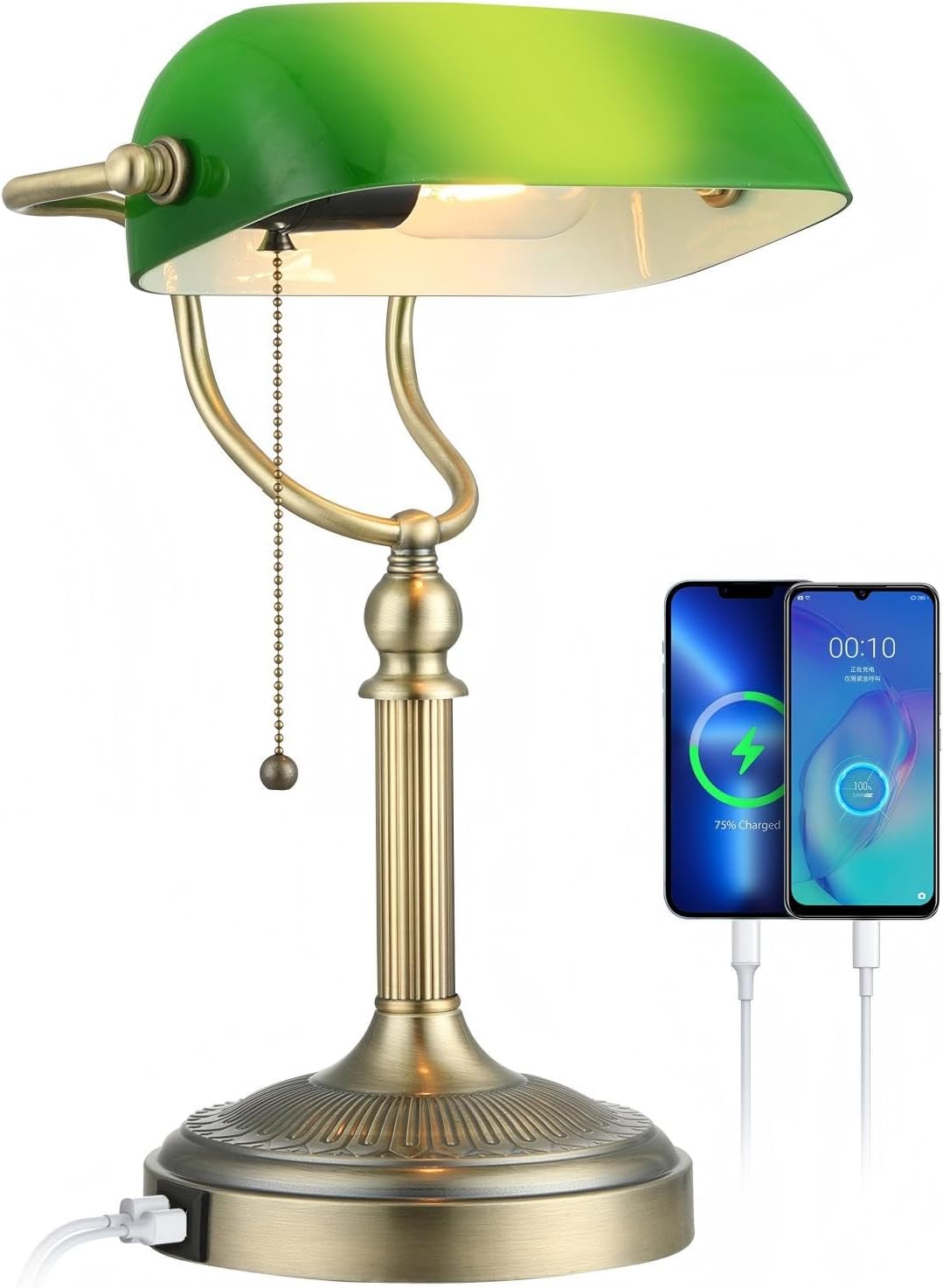 Newrays Green Glass Bankers Desk Lamp with Pull Chain Switch Plug in Fixture,USB Fast Charging Port