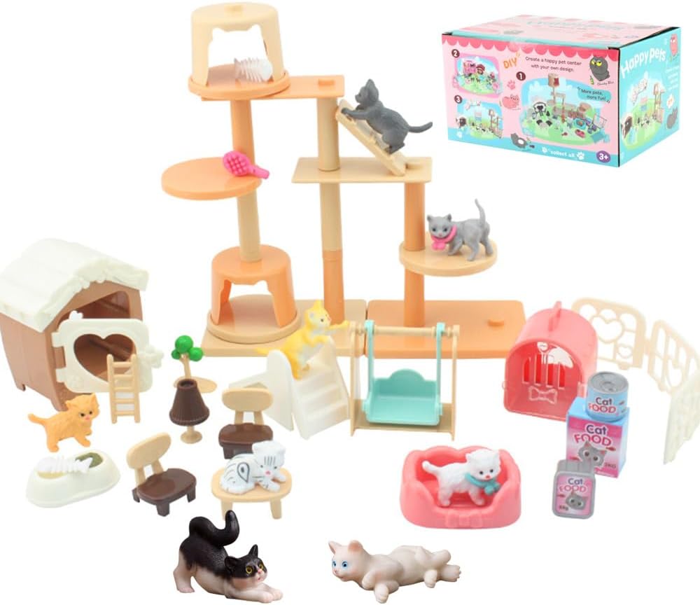 Lotvic Cat Pretend Play Toys, Cat Figures Playset, Cat House Furniture Toy, Real Pet Care Center, Cat Care Role Play Toys, Cat Toy for Doll Accessories, Educational Cat Toys for Kids (Cat)