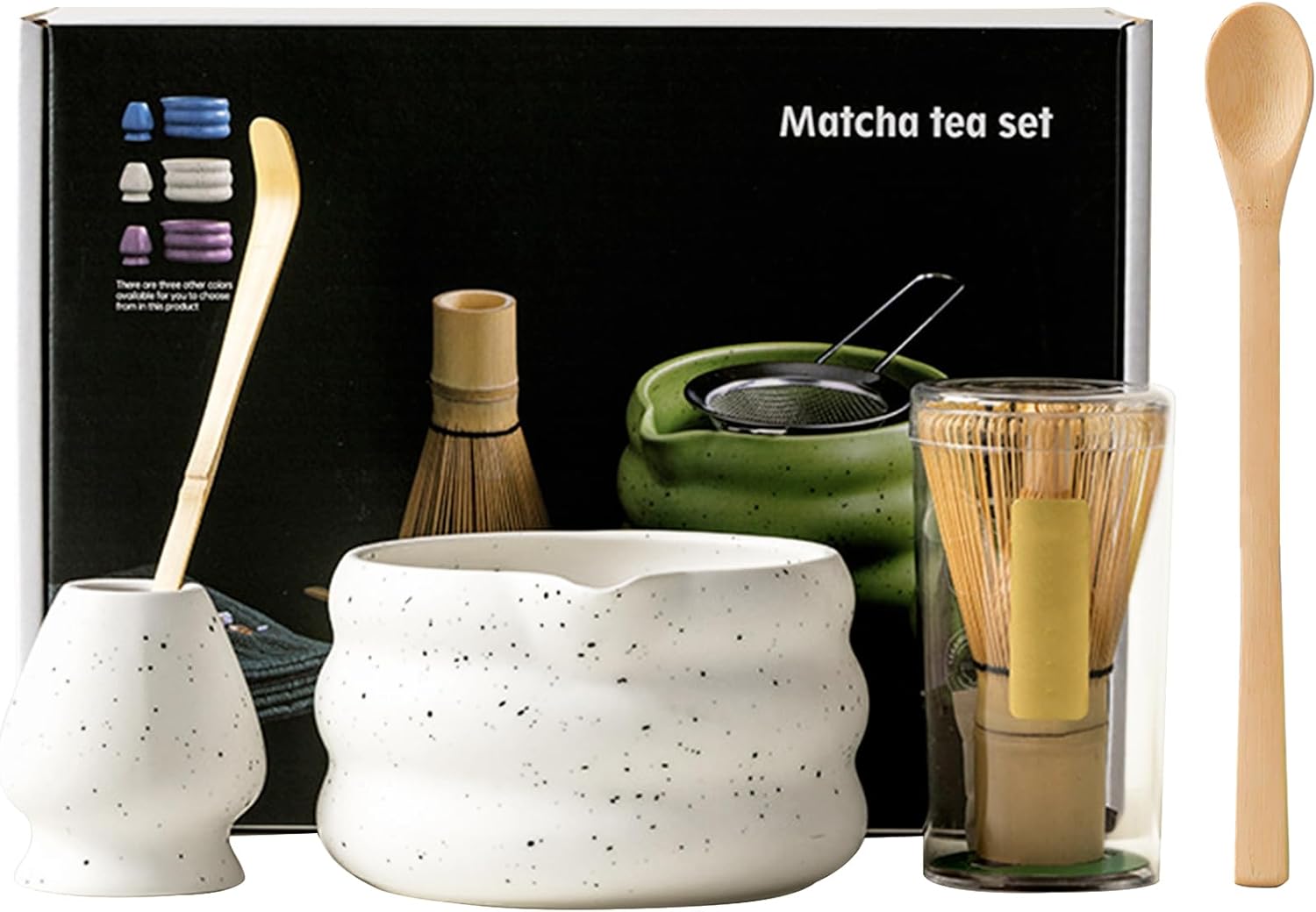 Matcha Tea Set with Whisk and Bowl, Matcha Whisk and Ceramic Whisk Holder Set of 5 Matcha Kit for Ceremony(White)