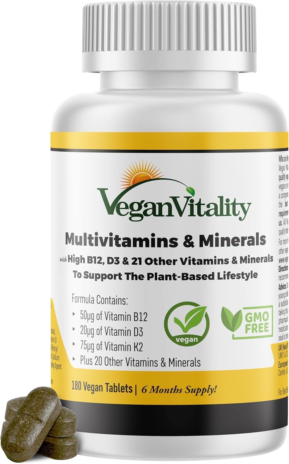 Vegan Multivitamins & Minerals with High Strength Vitamin B12, D3 & K2. 180 multivitamin Tablets - 6 Months Supply. Designed for Vegans & Vegetarians.