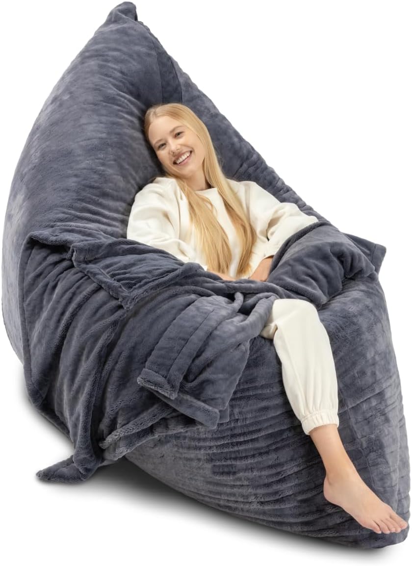 Milliard 3 in 1 Bean Bag Chair, Giant Comfy and Convertible Floor Lounger for Adults and Kids, Beanbag Chair Floor Cushion with Machine Washable Cover and Bonus Blanket (Grey Faux Fur)