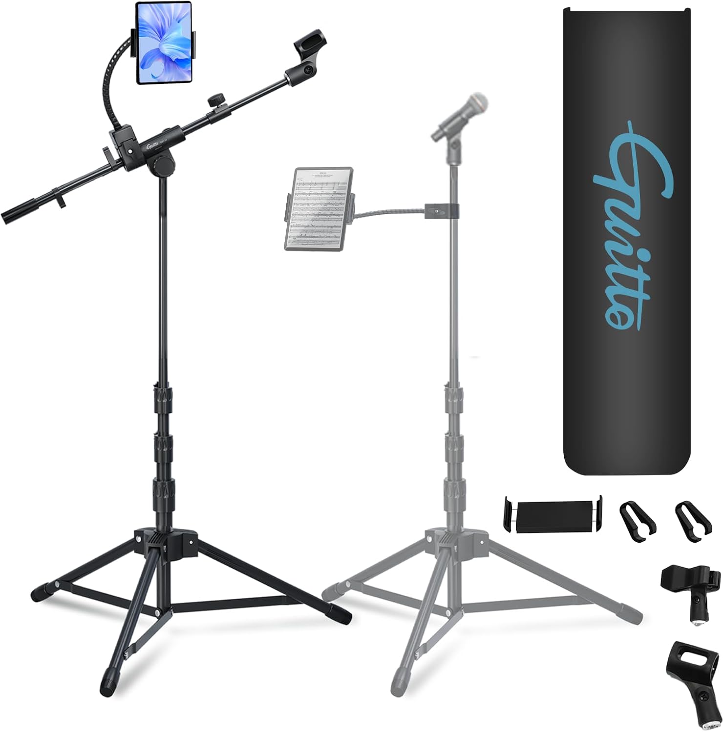 GUITTO Microphone Floor Stand for Tablet/Phone Holder, Adjustable Boom Mic Stand with Heavy-Duty Base, Dual Device Mount for Streaming, Podcasting, Recording, and Live Performances GMS-04