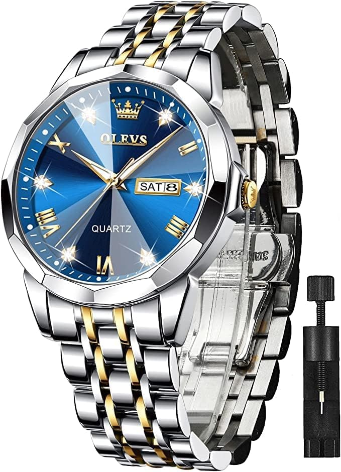 OLEVS Watch for Men UK Stainless Steel Designer Diamonds Dress Men's Wrist Watches for Men Waterproof with Date and Day Analog Quartz Watches