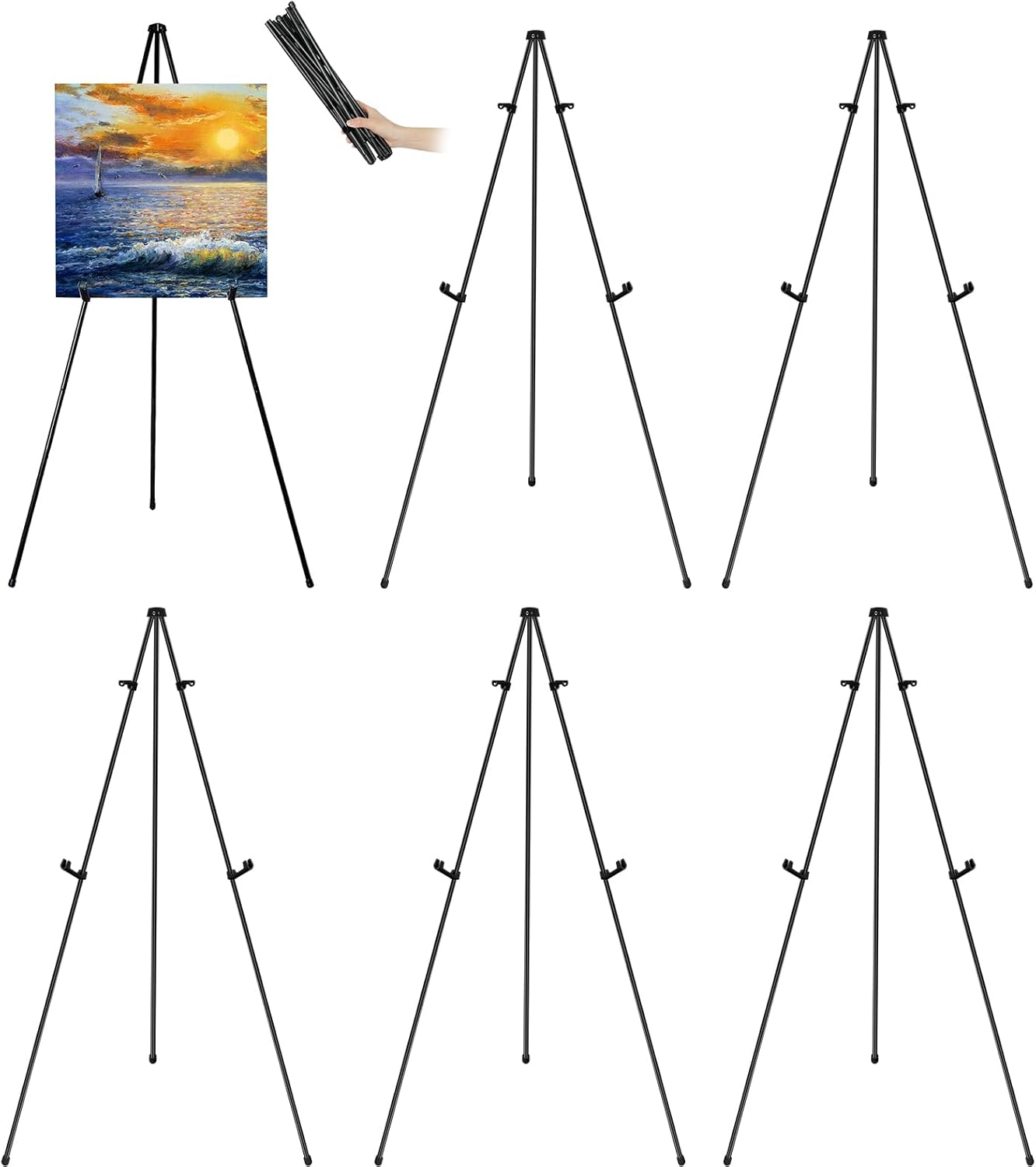 63" Tall Display Easel Stand for Wedding Sign Poster, Foldable and Adjustable Floor Metal Easels for Display Painting Arts,with Portable Bag,Holds 5 LBS (Black,6Pack)