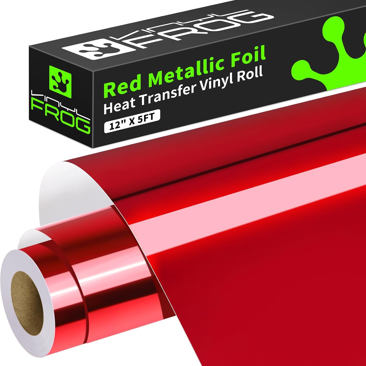 VINYL FROG Red Metallic Foil Heat Transfer Vinyl 12" x5ft Red HTV Vinyl Roll Chrome Iron on Vinyl Easy to Cut & Weed DIY Heat Press Design for T-Shirts