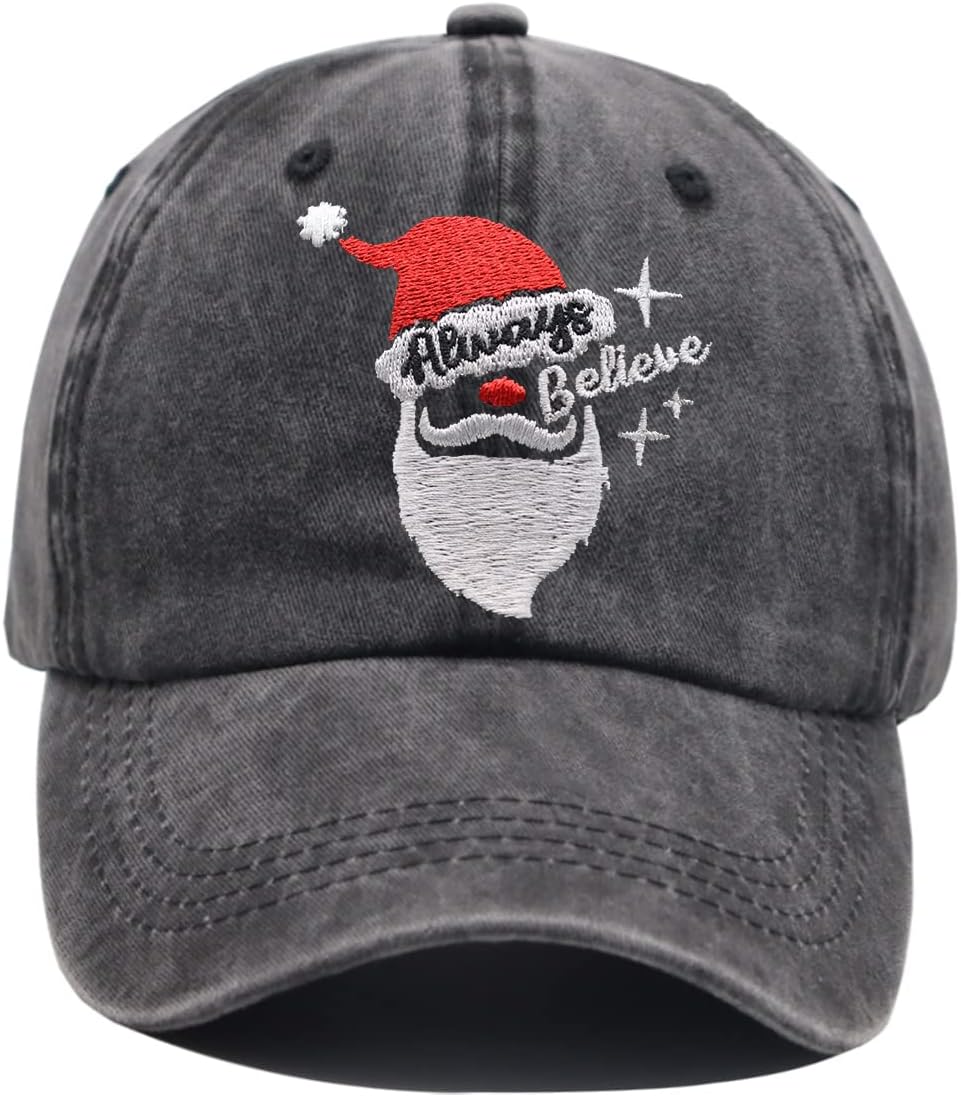 HHNLB Funny Christmas Hats for Men Women, Santa Always Believe Gifts, Adjustable Embroidered Merry Xmas Holiday Baseball Cap
