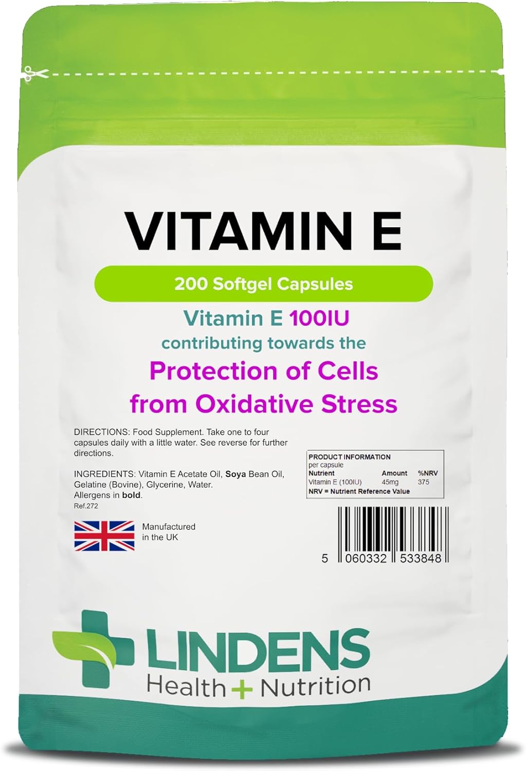 Lindens Vitamin E Oil 100IU - 200 Capsules - UK Made - Skin - Powerful Antioxidant | Protection of Cells from Oxidative Stress | Vitamin E Capsules | Letterbox Friendly
