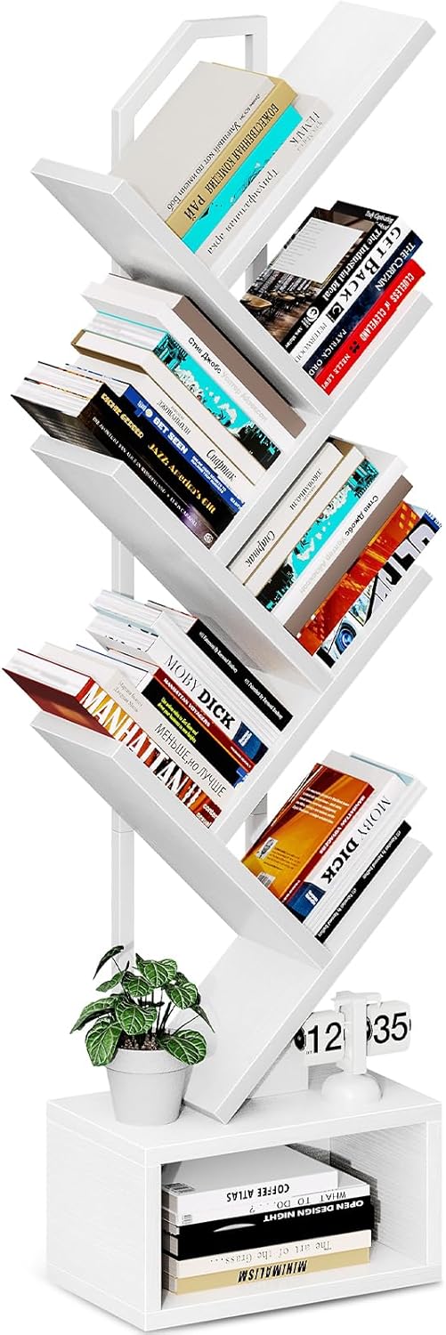 Coleshome Tree Bookshelf, 6-Tier Floor Standing Bookcase, Bookcases suitable for bedrooms and living rooms, Wooden bookshelves suitable for bedrooms and living rooms, White