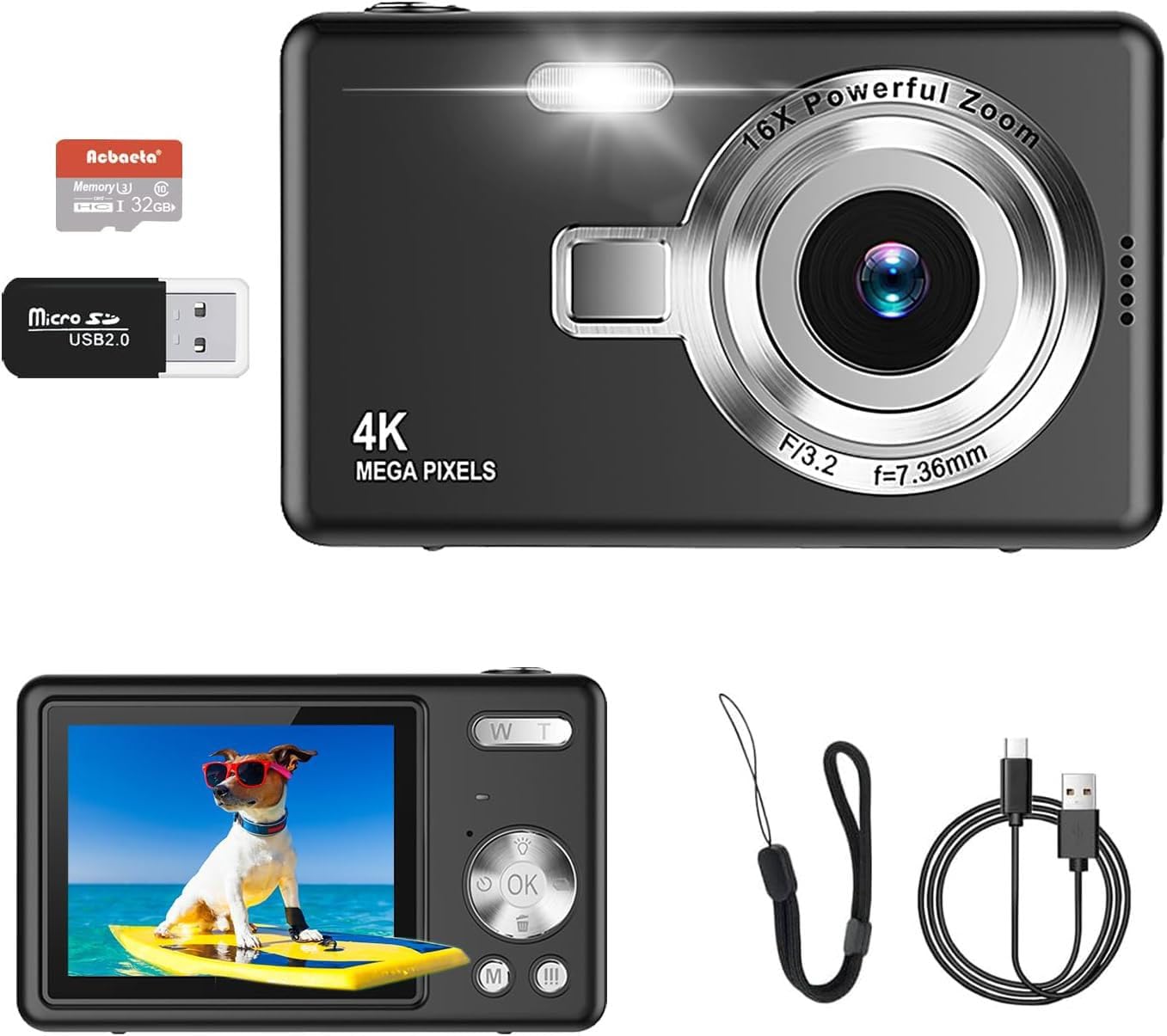 Digital Camera - 1080P FHD 44MP with 2.4" LCD Screen Compact Portable Vlogging Photo Camera with 32gb SD Card 16X Digital Zoom for Kids Teen Students Beginner