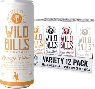 Wild Bill's 4 Flavor Craft Soda Soft Drinks Variety Pack, Root Beer, Black Cherry, Orange + Vanilla Sodas, Pure Cane Sugar, Caffeine Free, NO High Fructose Corn Syrup, Gluten Free Vegan, 12 Oz 12 Pack