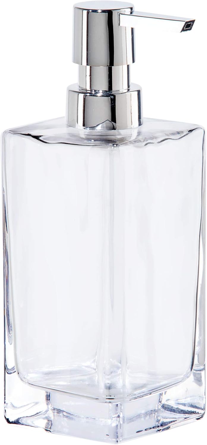 OGGI Square Glass Soap Dispenser - 13oz, Heavy Glass, Rustproof Pump - Ideal Hand Soap Dispenser, Bathroom Soap Dispenser, Kitchen Dish Soap Dispenser, Hand Sanitizer Dispenser, Clear/Chrome