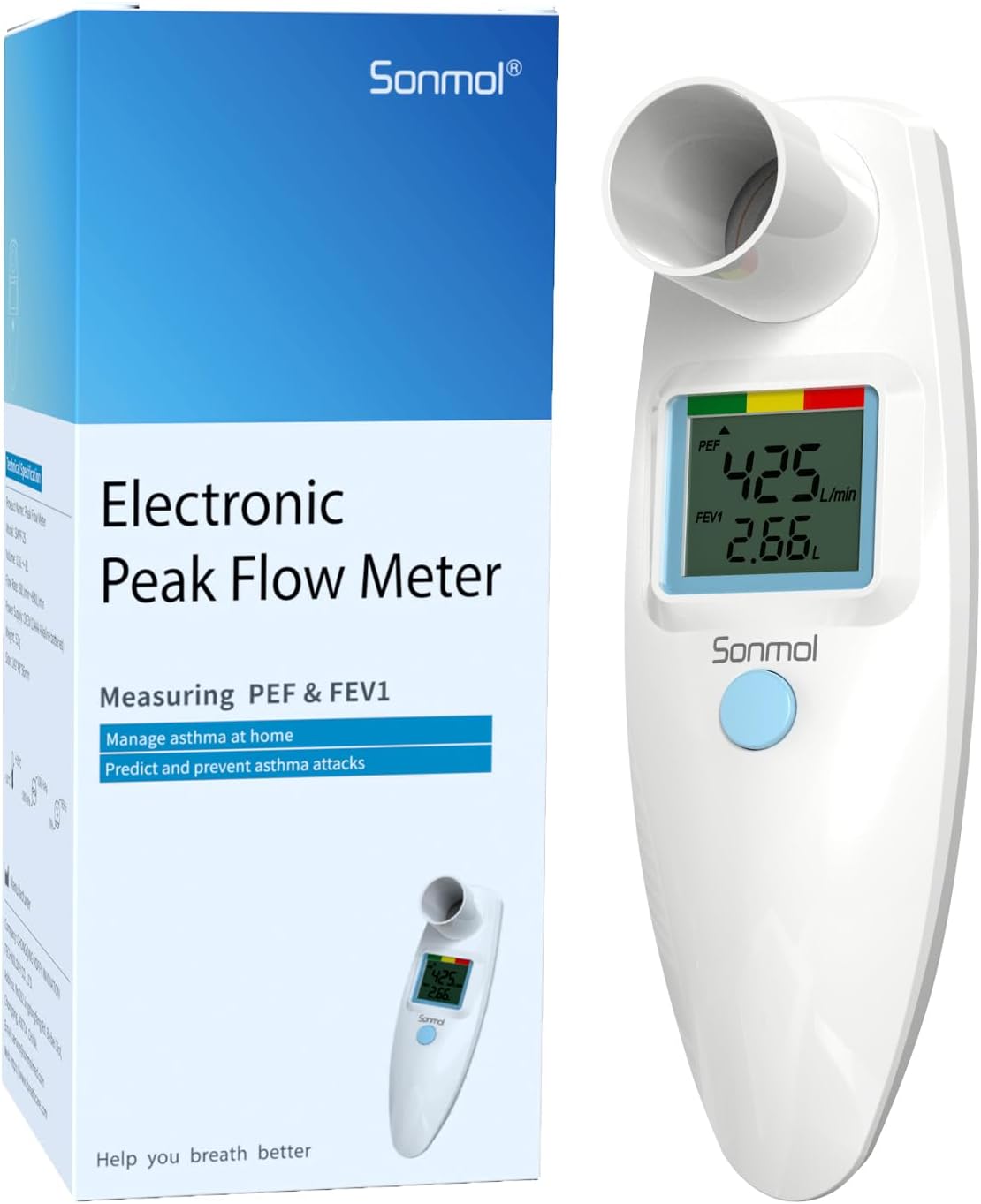 Digital Peak Flow Meter Spirometer Asthma COPD for Adult Kids Portable PEF Forced Expiratory Volume FEV1 Lung Tester Home Medical