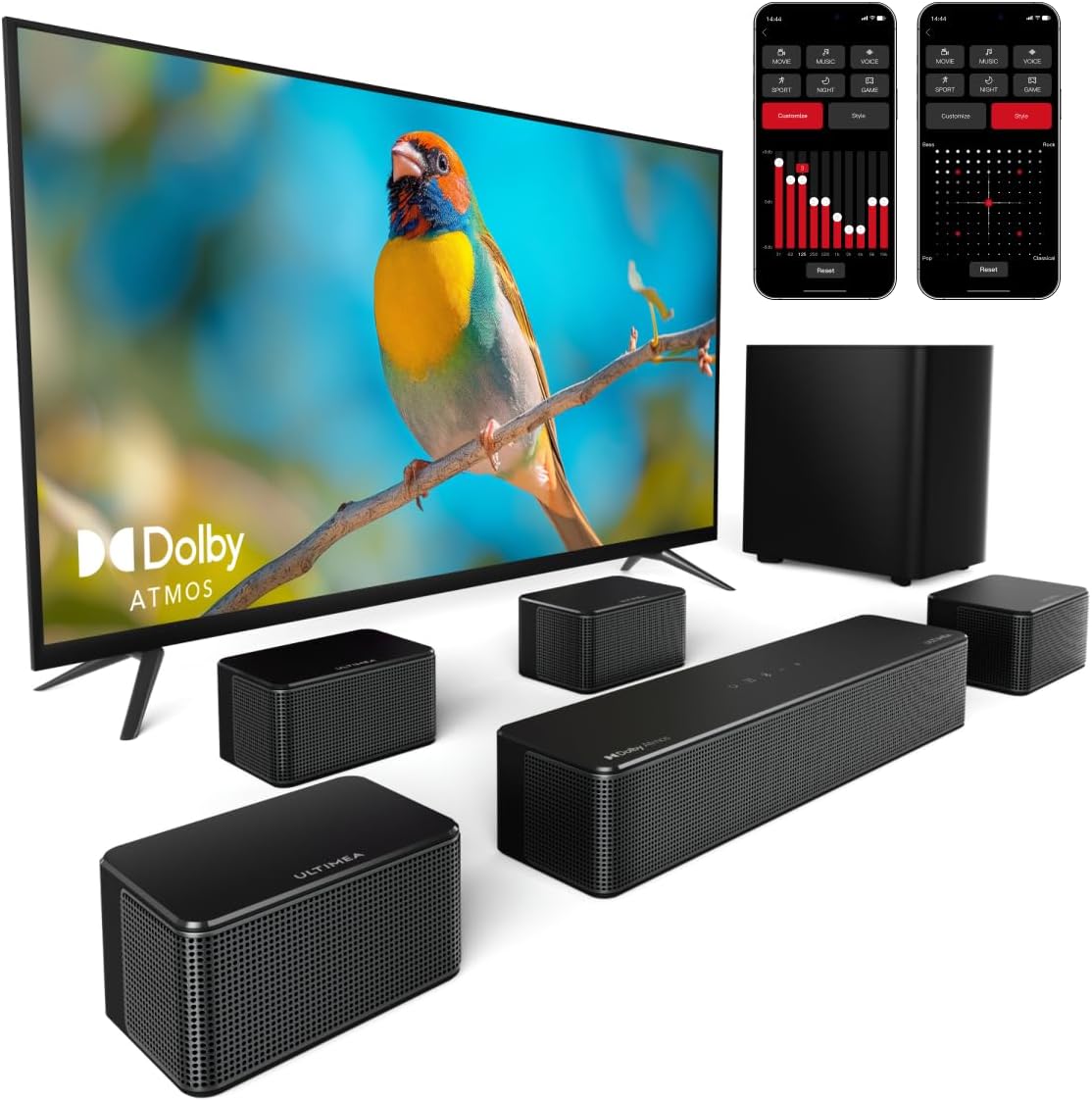 ULTIMEA 7.1 Soundbar for TV, with Dolby Atmos, 4 Wired Surround Speakers, APP Control, 460W Surround Sound System for TV, Home Theater Sound System with 6.5" Wireless Subwoofer, Poseidon D80 Series