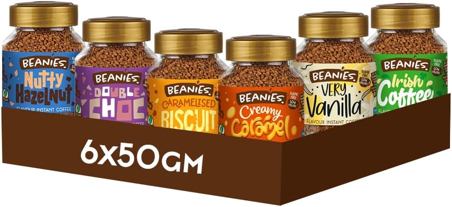 Beanies - Classic Starter Pack, Signature Flavoured Coffee Combo, 6 x 50g (300g), Vegan, Premium Taste, Freeze-Dried, Easy to Brew, Rich in Flavour, Low-Calorie, Sugar-Free