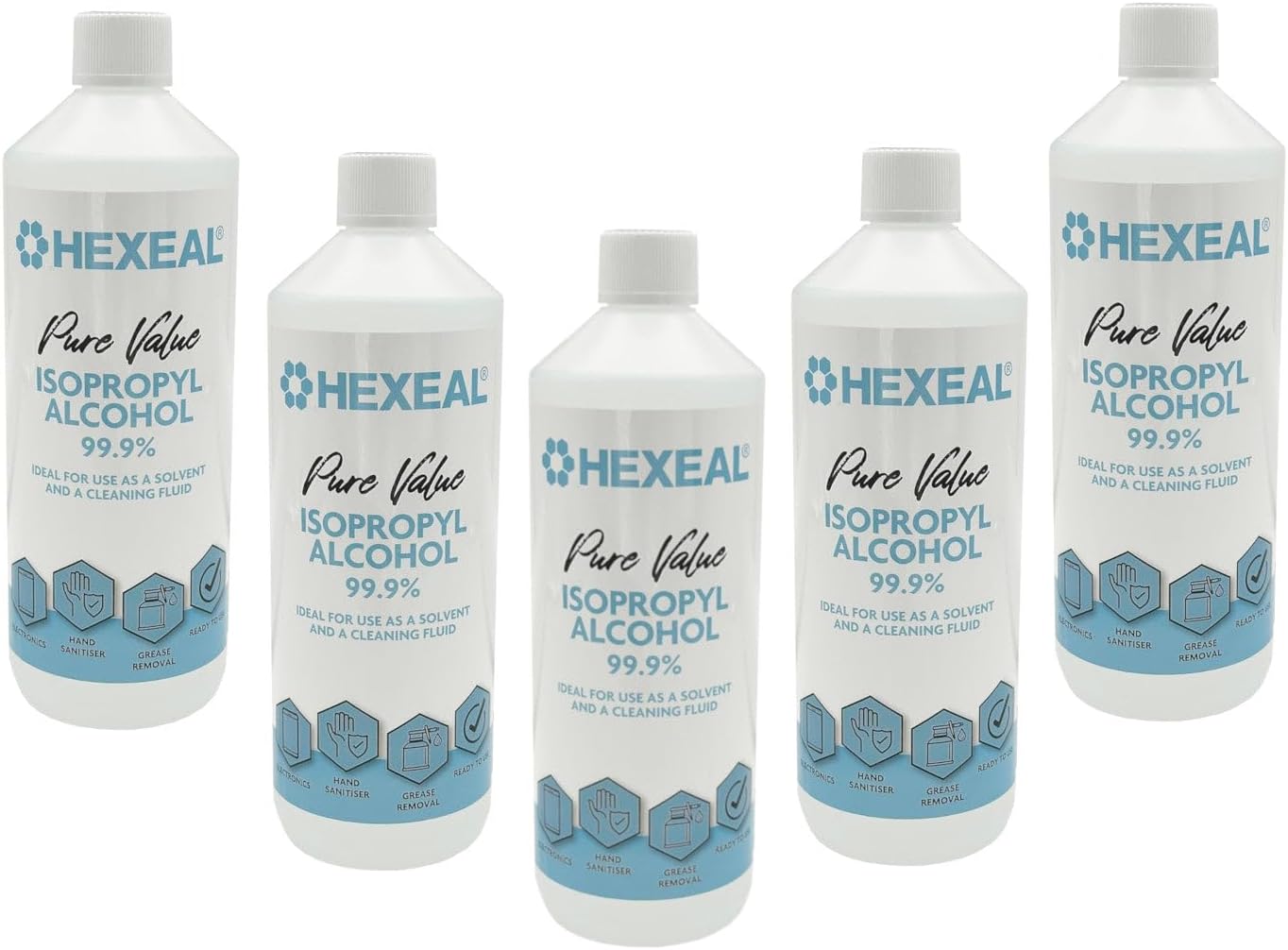 Hexeal Pure Value Isopropyl Alcohol 5L – 5 x 1L Bottle of 99.9% IPA Disinfectant & Sanitiser – Removes Grime on Phones & Electronics – Degreaser, Cleaning Fluid & Solvent for Paint Thinning