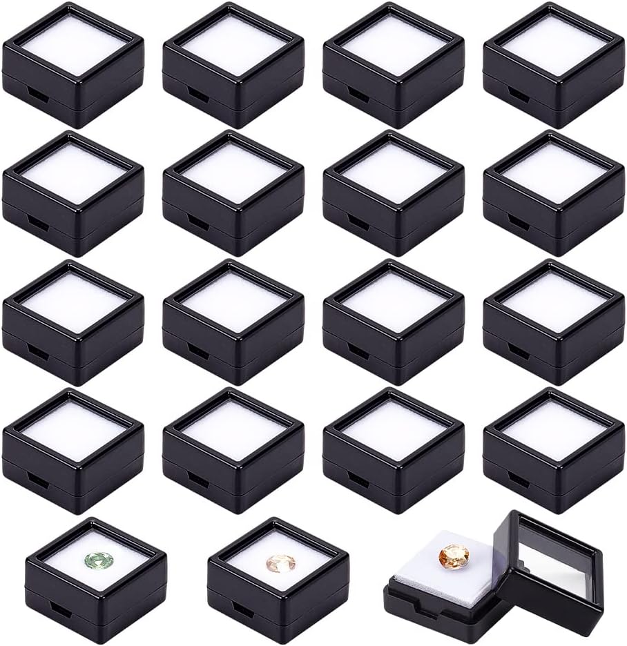 BENECREAT 36 Pcs Black Gemstone Display Box Plastic Transparent Bare Stone Box Black Square Jewelry Box 1.16x1.16x0.65 Suitable for Gemstone, Jewelry, Crystal Diamond Accessories Display