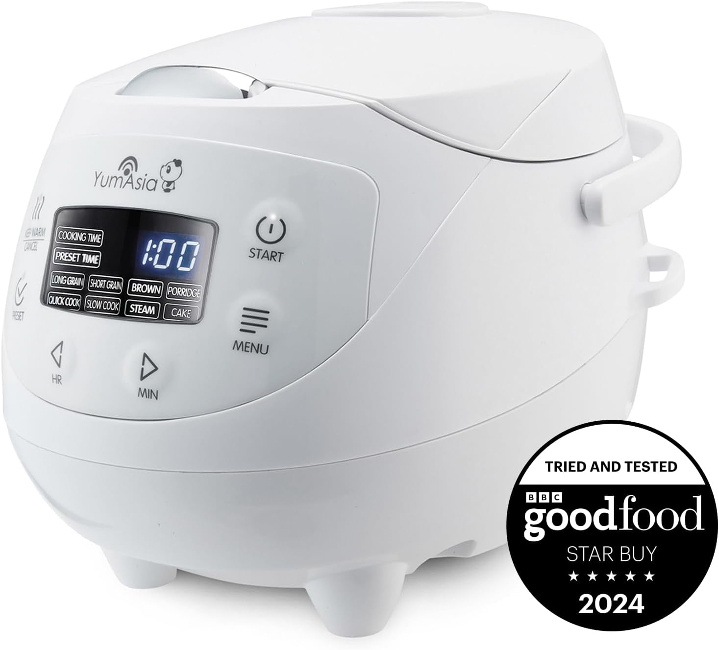 Yum Asia Panda Mini Rice Cooker With Ninja Ceramic Bowl and Advanced Fuzzy Logic (3.5 cup, 0.63 litre) 4 Rice Cooking Functions, 4 Multicooker functions, LED display, 220-240V (Arctic White)