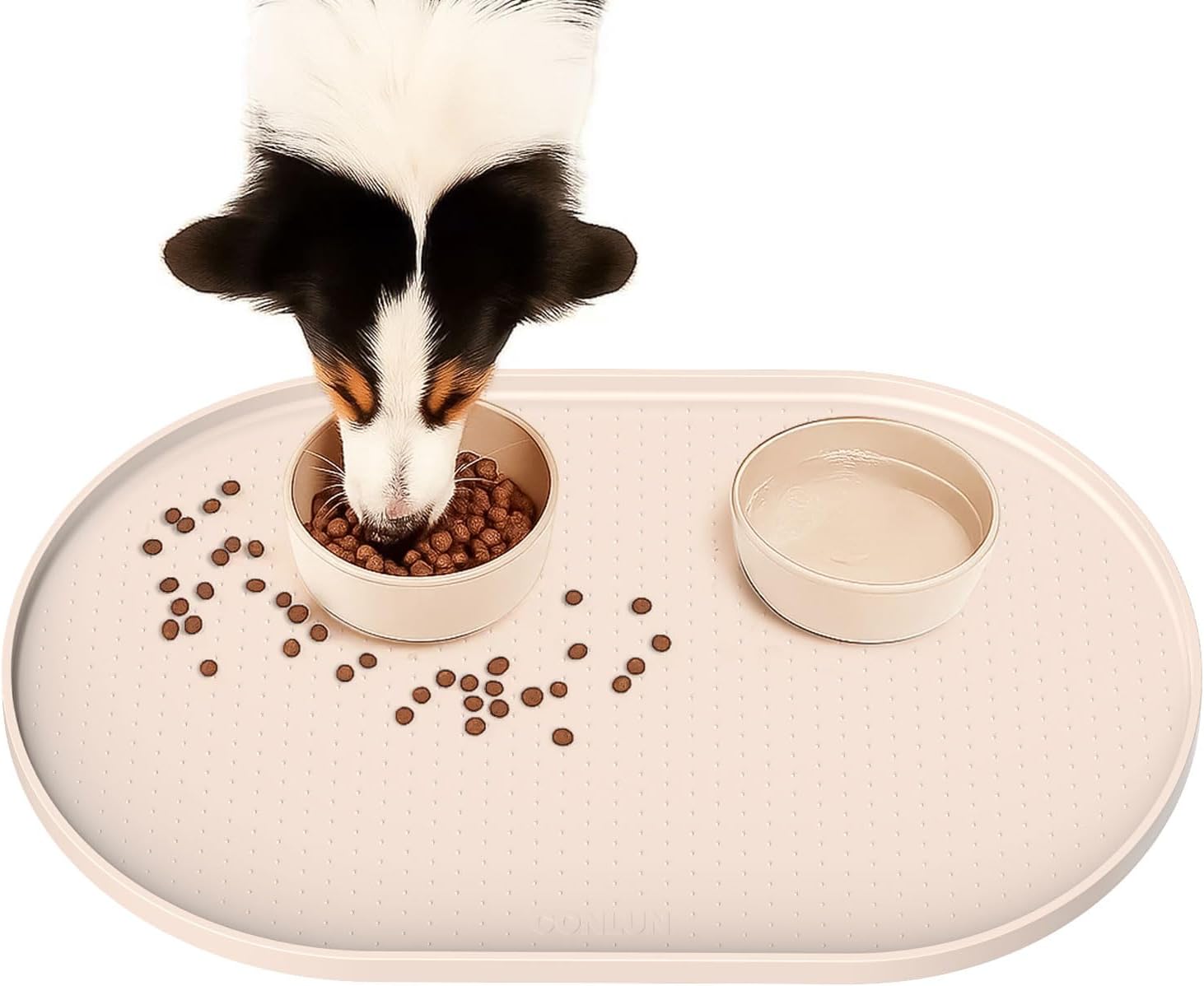 Conlun Cat Food Mat,1.2 cm Raised Edges Dog Bowl Mat for Spill Containment, BPA-Free Silicone Rubber, 100% Waterproof (Beige,48x30cm)