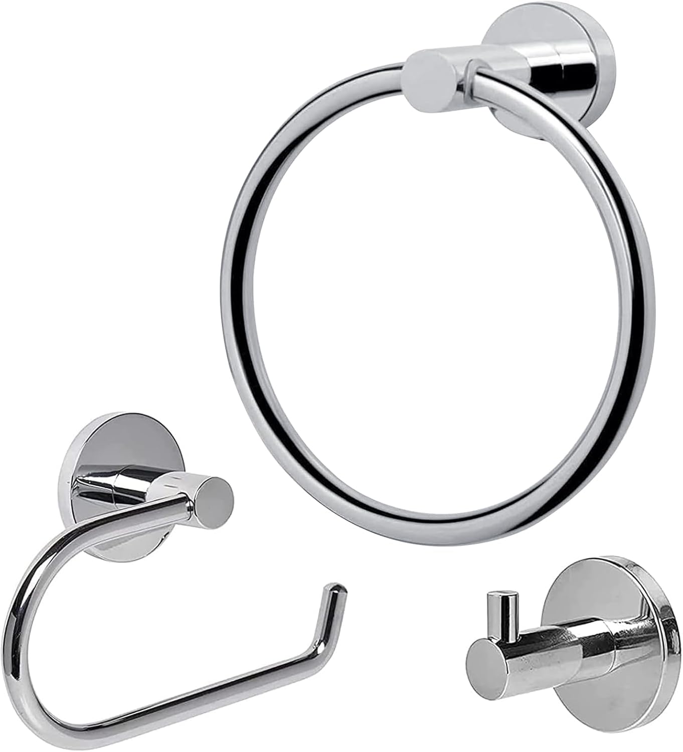 Toilet Roll Holder Set, 3 Pieces Wall Mounted Bathroom Accessory include Chrome Toilet Paper Holder + Stainless Steel Towel Ring + Coat Hooks, Modern Bathroom Hardware Mirror Polished, Silver
