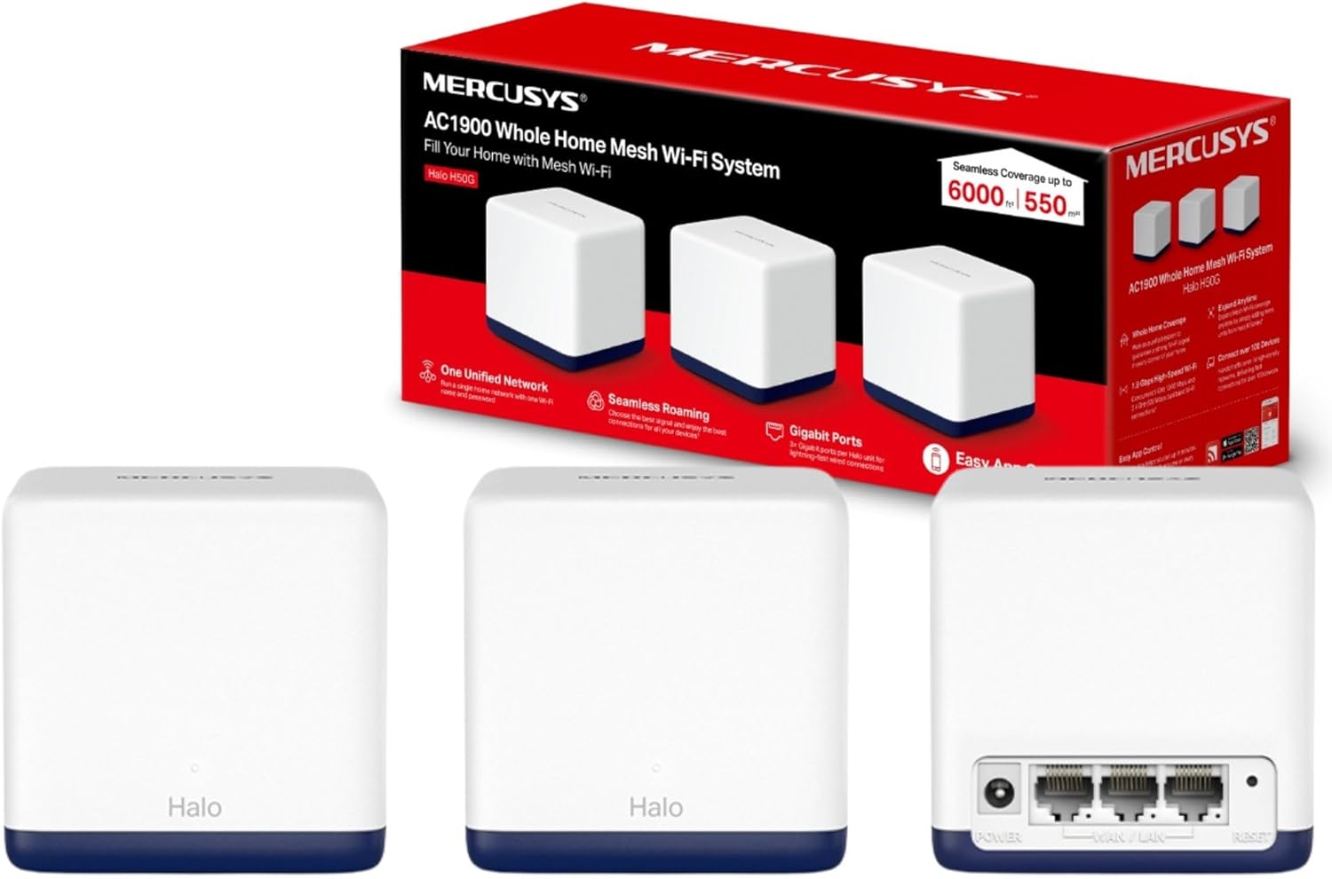 MERCUSYS Halo H50G(3-pack) AC1900Mbps Mesh WiFi System, Gigabit Ports, TP-Link WiFi Mesh System, WiFi Router, WiFi Extender Booster, 6,000ft²(550 m²), Seamless Roaming, Beamforming, Easy Setup