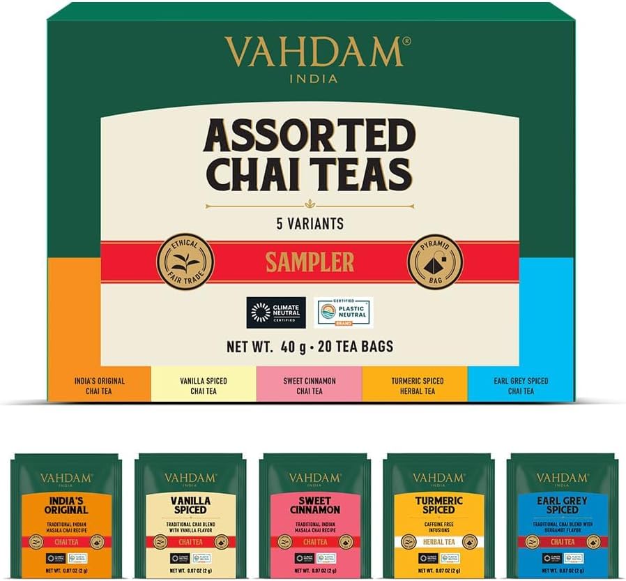 VAHDAM, Assorted Chai Tea Bags Sampler (5 Flavors, 20 Ecofriendly Pyramid Tea bags) I Gift Ideas for Women & Men | Masala Chai Tea Varieties from India | Gluten Free & Non GMO | Gifts for Him/Her
