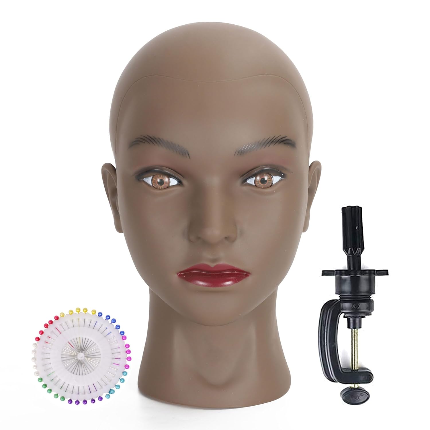 Bald Female Mannequin Head Makeup Training Head Wig Head Professional Cosmetology for Wig Making and Display Hat Helmet Glasses Display Head Model with Free Clamp Stand