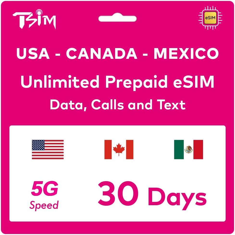 TSIM Prepaid USA eSIM 30 Days | Unlimited 4G/5G High-Speed Data in the USA + 5GB High Speed Data in Canada & Mexico | Unlimited Local Calls + Free Incoming Calls & SMS
