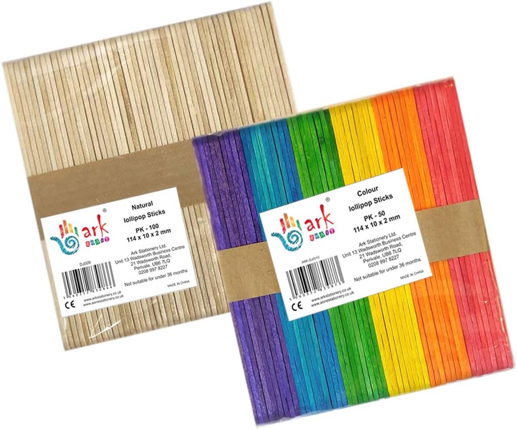 arkCRAFT 2 x 50 Lollipop Craft Sticks 114 x 10 x 2mm (Natural+Coloured)