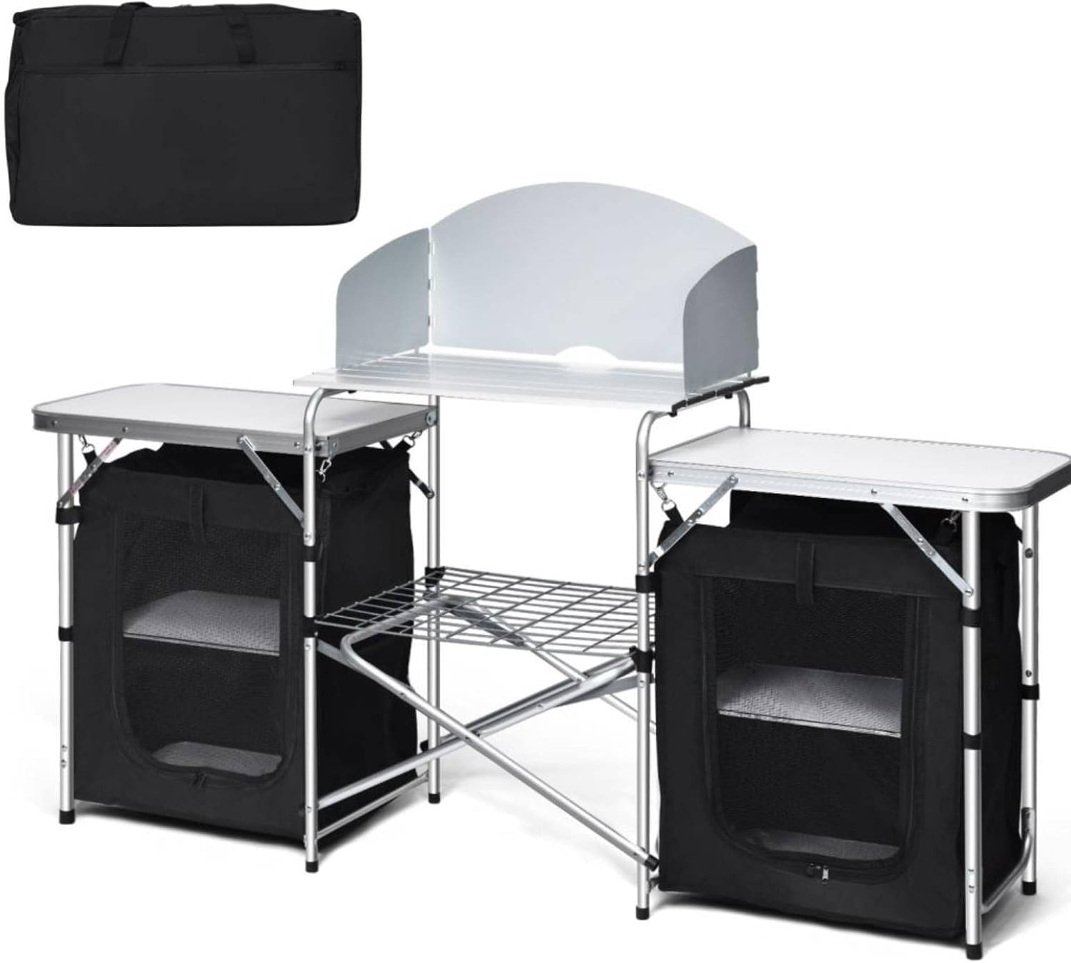 TANGZON Folding Camping Kitchen Table, Outdoor Portable Kitchen Storage Table with Windshield & Carry Bag, Mesh-Door Storage Cupboard for Picnic BBQ Party, 172 x 48 x 110cm (Black + Silver)