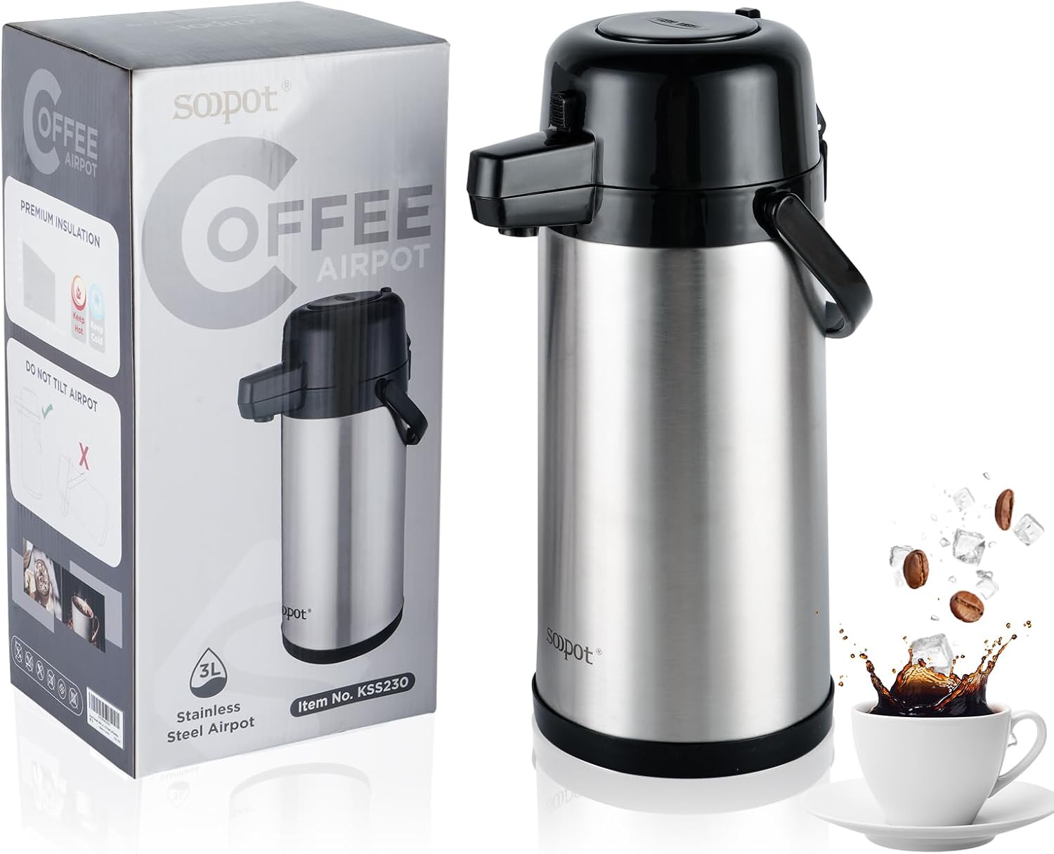 102oz Airpot Coffee Dispenser With Pump Coffee Carafe for Keeping Hot Or Cold Airpot Coffee Thermal Insulated Stainless Steel Thermos Hot Beverage Dispenser for Cold Hot Water,Party Drinks