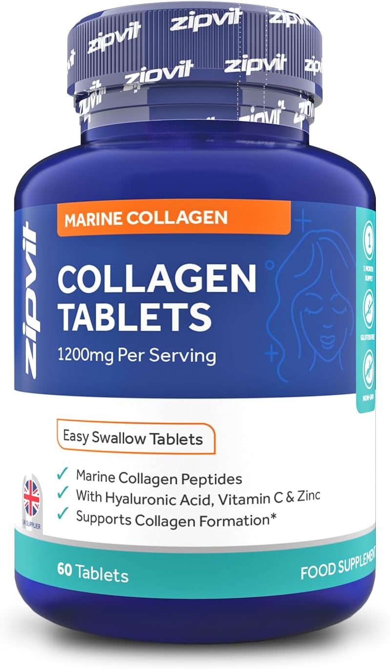 Zipvit Marine Collagen 1200mg Tablets with Hyaluronic Acid, Vitamin C, and Zinc. High Strength Type 1 Collagen for Men and Women, Supports Hair, Skin, and Nails, 60 Tablets, 1 Month Supply