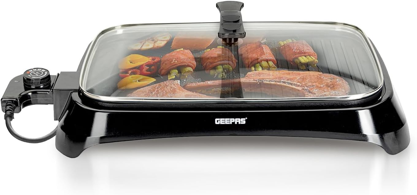 Geepas 1600W Electric Barbecue 2-in-1 Grill With Hot Plate, Smokeless Indoor BBQ and Griddle Hot Plate with Built In Drip Tray | Adjustable Temperature | 2 Year Warranty