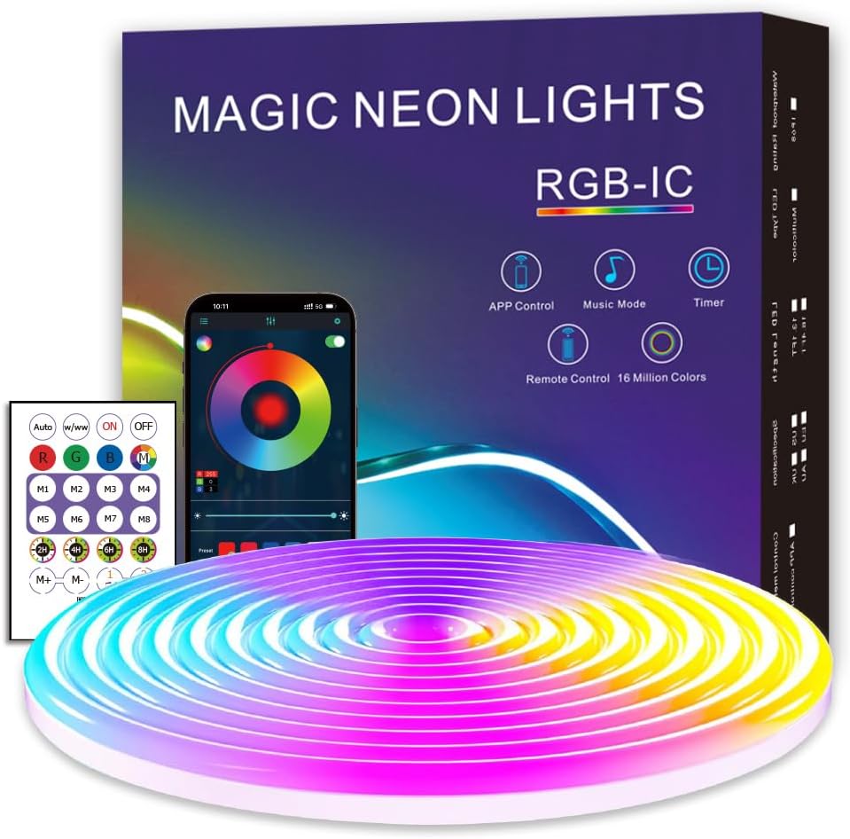 EcoMyLife LED Neon Rope Lights, 3M RGB Plus IC Strip Lights, IP68 Waterproof Flexible Rope Light with APP&Remote Control, Dimmable Neon Strip for Gaming Room Living Room Bedroom Indoor Outdoor Decor