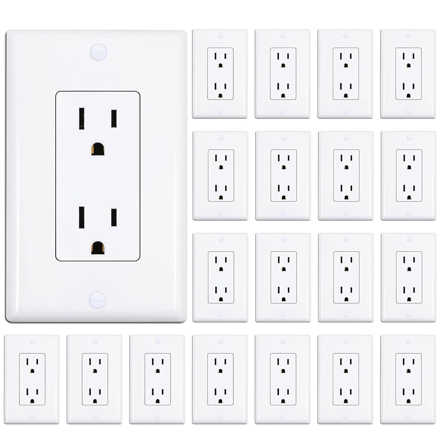 ThunderWay Decorator Receptacle Outlet with Wall Plate, Non-Tamper-Resistant Electrical Outlet, 15 amp Outlet, Self-Grounding, UL Listed, White (20 Pack)