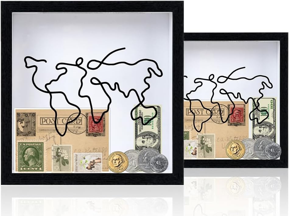 2PCS Travel Box, Adventure Archive Boxes, Ticket Memory Box, Black Frame Keepsakes Boxes with World Map Design, Transparent Storage Boxes for Collecting Various Types of Memory Tickets