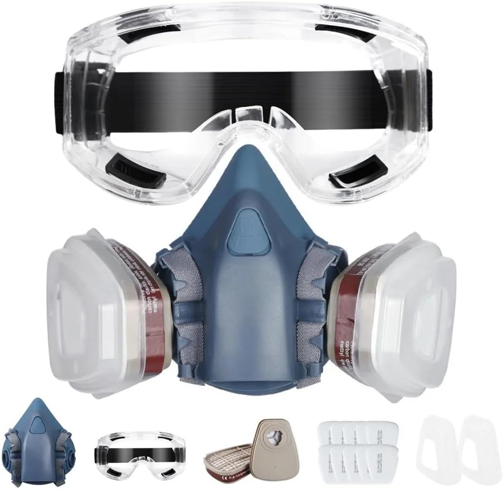 blmdz Respirator Mask with Filters, Reusable Half Face Cover Gas Mask with Safety Glasses for Painting, Woodworking,welding,coal Mine Working,chemical,machine Polishing
