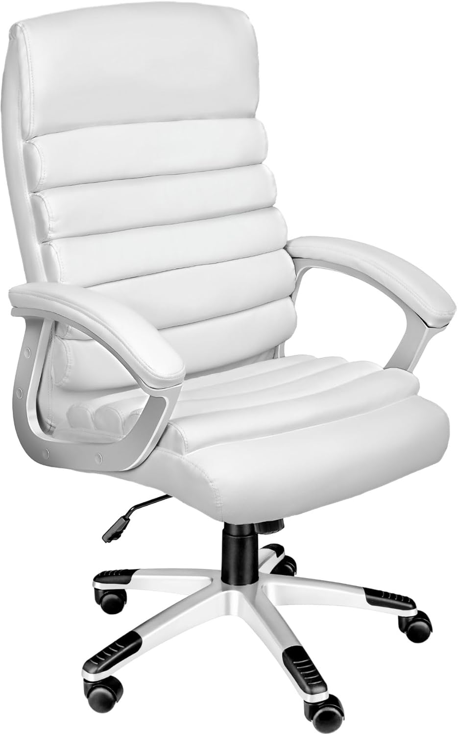 TecTake® Office Chair with Ergonomic Design & Faux Leather Cover, 360° Swivel Chair with Extra-Thick Padding, High Backrest & Rocking Function, Height-Adjustable Desk Chair for Home & Office - White