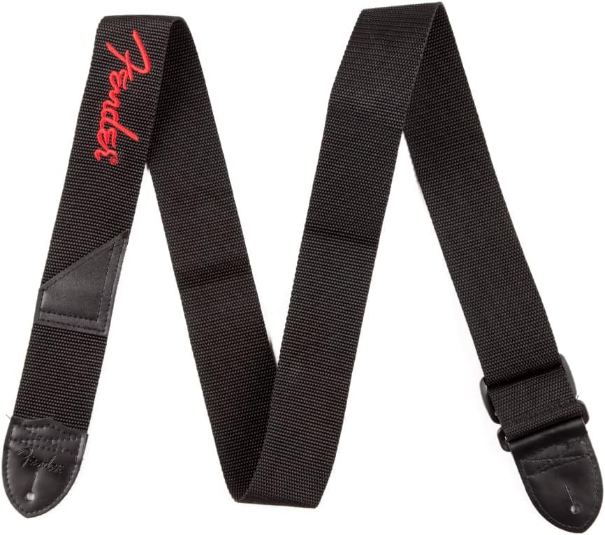 Fender Guitar Strap, Polyester Webbing with Red Logo, Adjustable 33”-53”, Black