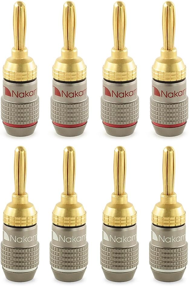 Nakamichi FanLock Excel Series 24k Gold Plated Banana Plug 10 AWG - 18 AWG Gauge Size 4mm for Speakers Amplifier Hi-Fi Stereo Home Theatre Radio Audio Wire Cable Quick Connector, 8 Pcs (4-Pairs)