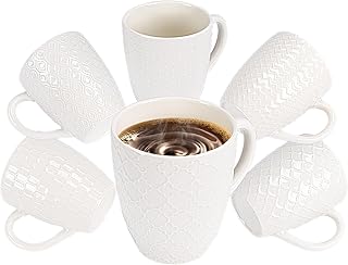 Hoikwo Cream White Coffee Mugs Set of 6, Ceramic Cup Set, 12 oz Artistic Drinkware for Coffee, Tea, and Beverages, Family Pack of 6 Unique Patterns, Microwave Safe and Dishwasher Safe