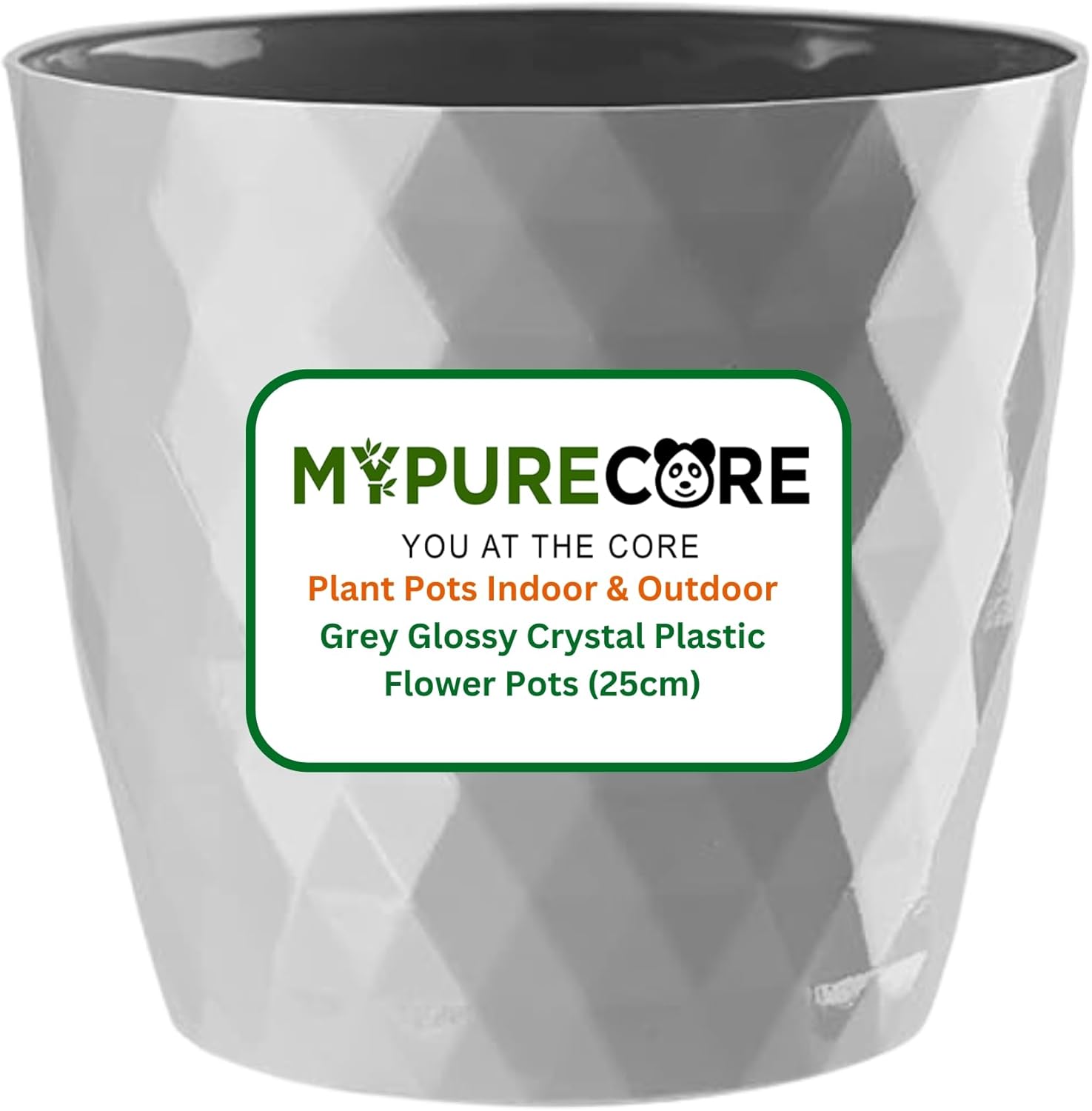 MYPURECORE Plant Pots Indoor 25cm – Stylish Decorative Plastic Flower Pot with Glossy Crystal Surface – Durable Indoor & Outdoor Planter for House Plants, Herbs (Grey, 25 cm)