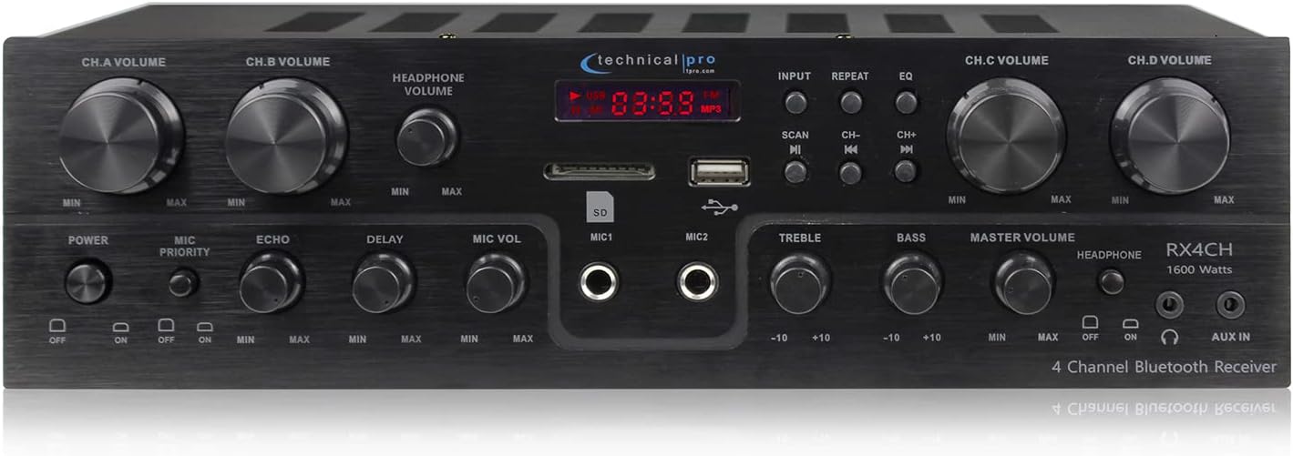 Technical Pro 1600 Watts, 4 Channel, 8 Speaker Bluetooth Receiver with RCA, USB, SD Card, AUX and 2 Mic Inputs, Playback Controls, Fluorescent Display for Home Speakers, Theater System, Karaoke