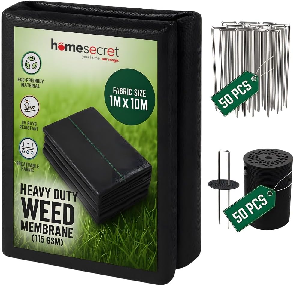 115 GSM Weed Membrane Heavy Duty - 1M x 10M with 50 Pegs Weed Control Membrane - Garden Membrane Weed Control - Weed Control Fabric - Landscape Fabric, Weed Barrier Fabric, Weed Matting - Black