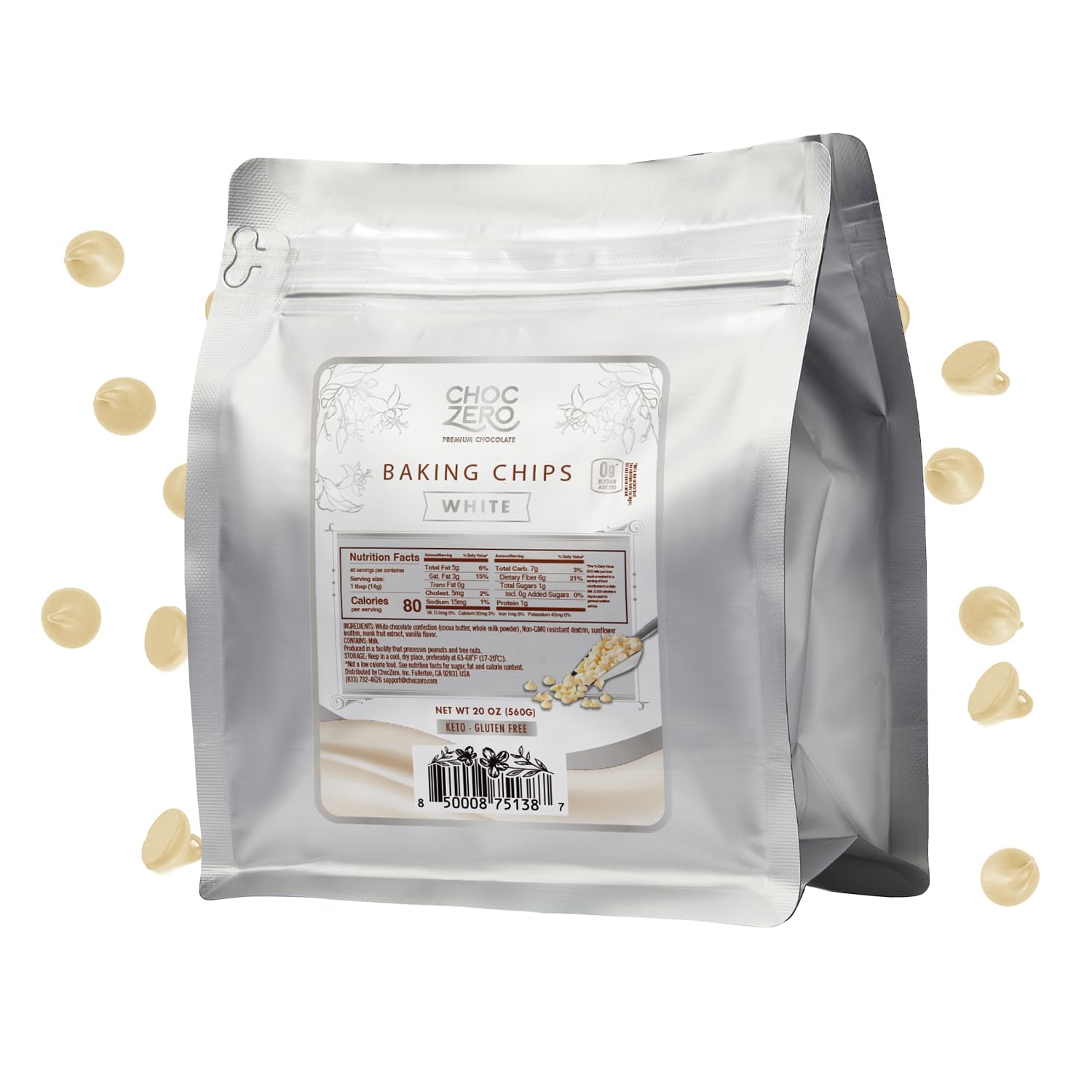 ChocZero White Chocolate Chips - Sugar Free, Low Carb, Keto Friendly, Gluten Free - 20 Ounce Bulk Bag for Baking Keto Diet Cookies and Dessert