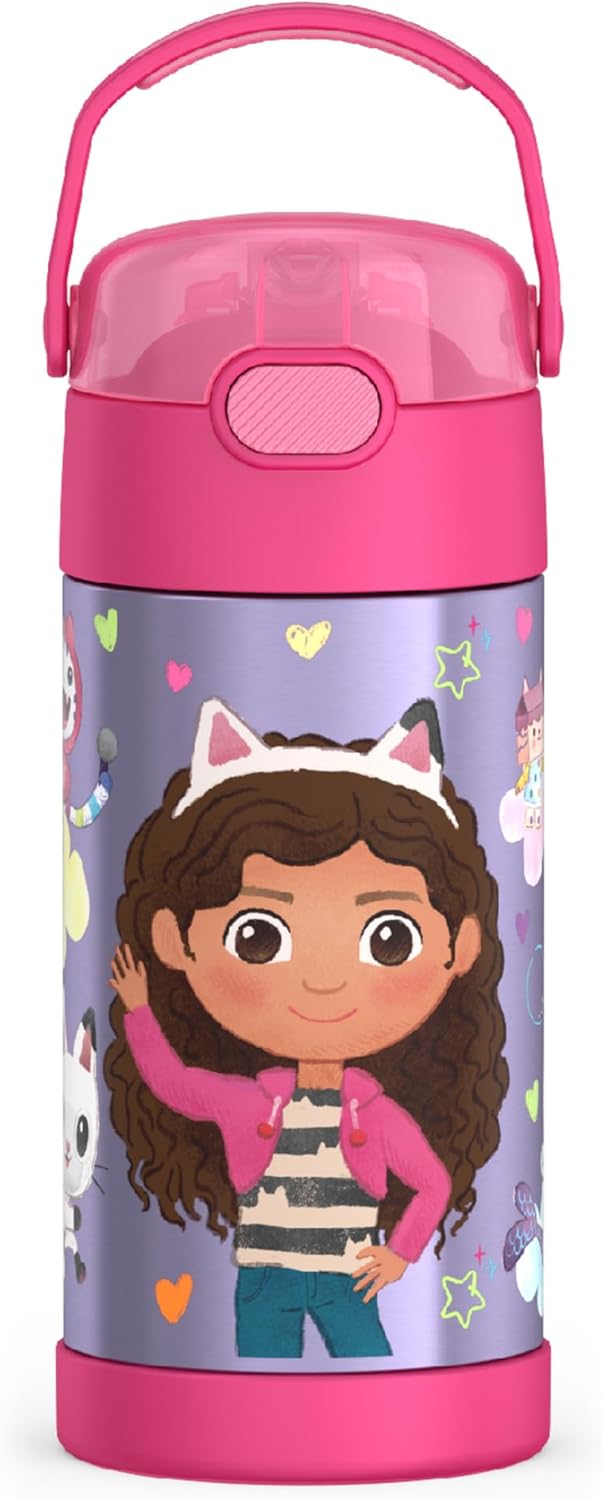 THERMOS FUNTAINER Water Bottle with Straw - 12 Ounce - Kids Stainless Steel Vacuum Insulated Water Bottle with Lid, Gabby’s Dollhouse