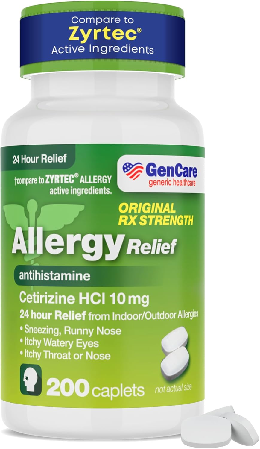 GenCare - Cetirizine HCL 10 mg (200 Caplets) - 24 Hour Allergy Relief Pills - Non Drowsy Generic OTC Allergy Medication - Antihistamine Medicine for Sneezing, Runny Nose & Itchy Eyes - Generic Zyrtec