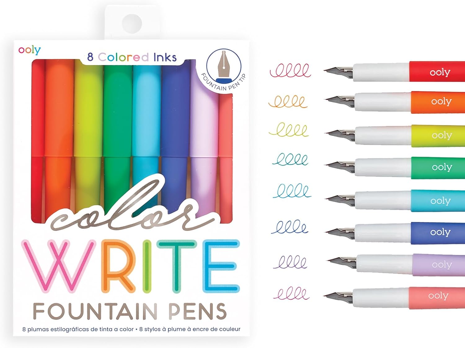 Ooly Color Write Colorful Fountain Pens, Pack of 8 Colored Ink Fountain Pens that Use Refillable Ink Cartridges, Fine Tip for Calligraphy Drawing, Handlettering - Back to School Supplies