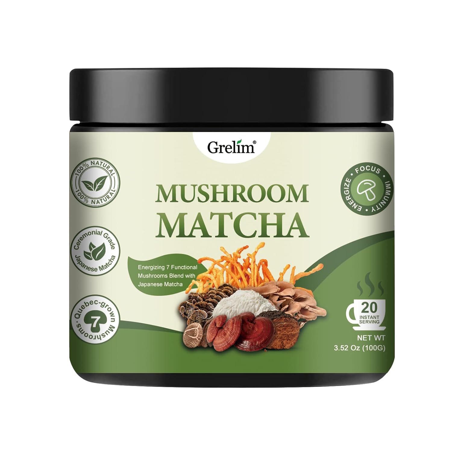 Grelim Mushroom Matcha Infused With 7 Superfood Mushrooms, MCT Oil, Coconut Milk Powder - Great Tasting Matcha Latte 3.52 Oz